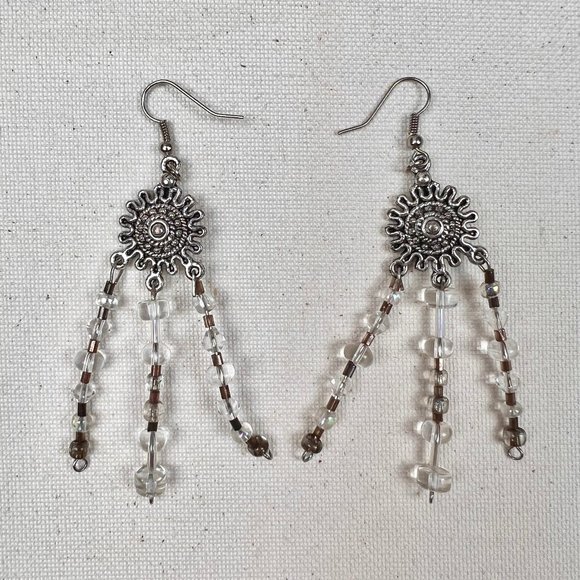 Handmade Silver & Clear Crystal Sunflower Dangle Boho Floral Earrings - Picture 1 of 4